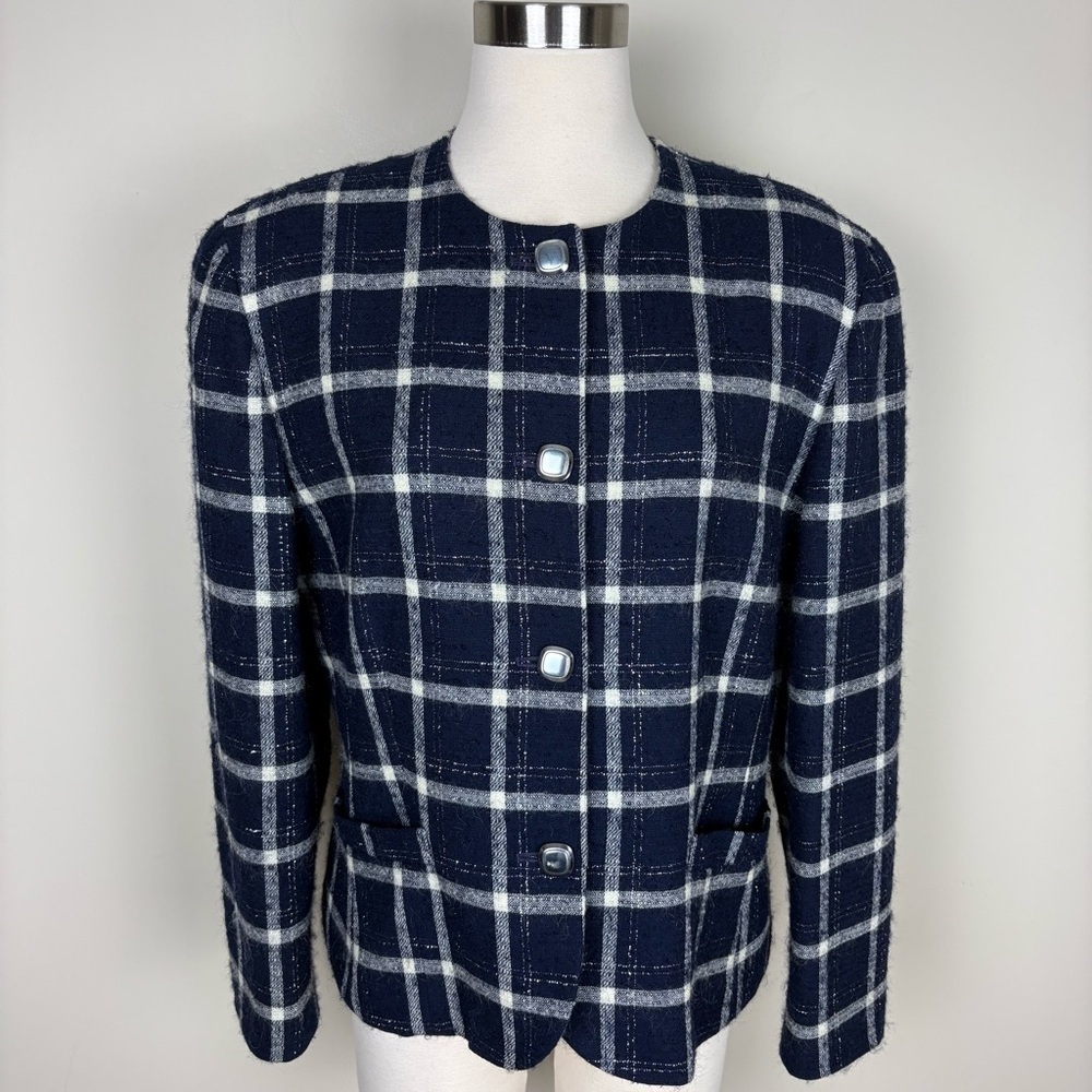Pendleton Vintage Wool Blazer Jacket‎ Size 14 Navy Plaid Classic Career Academia